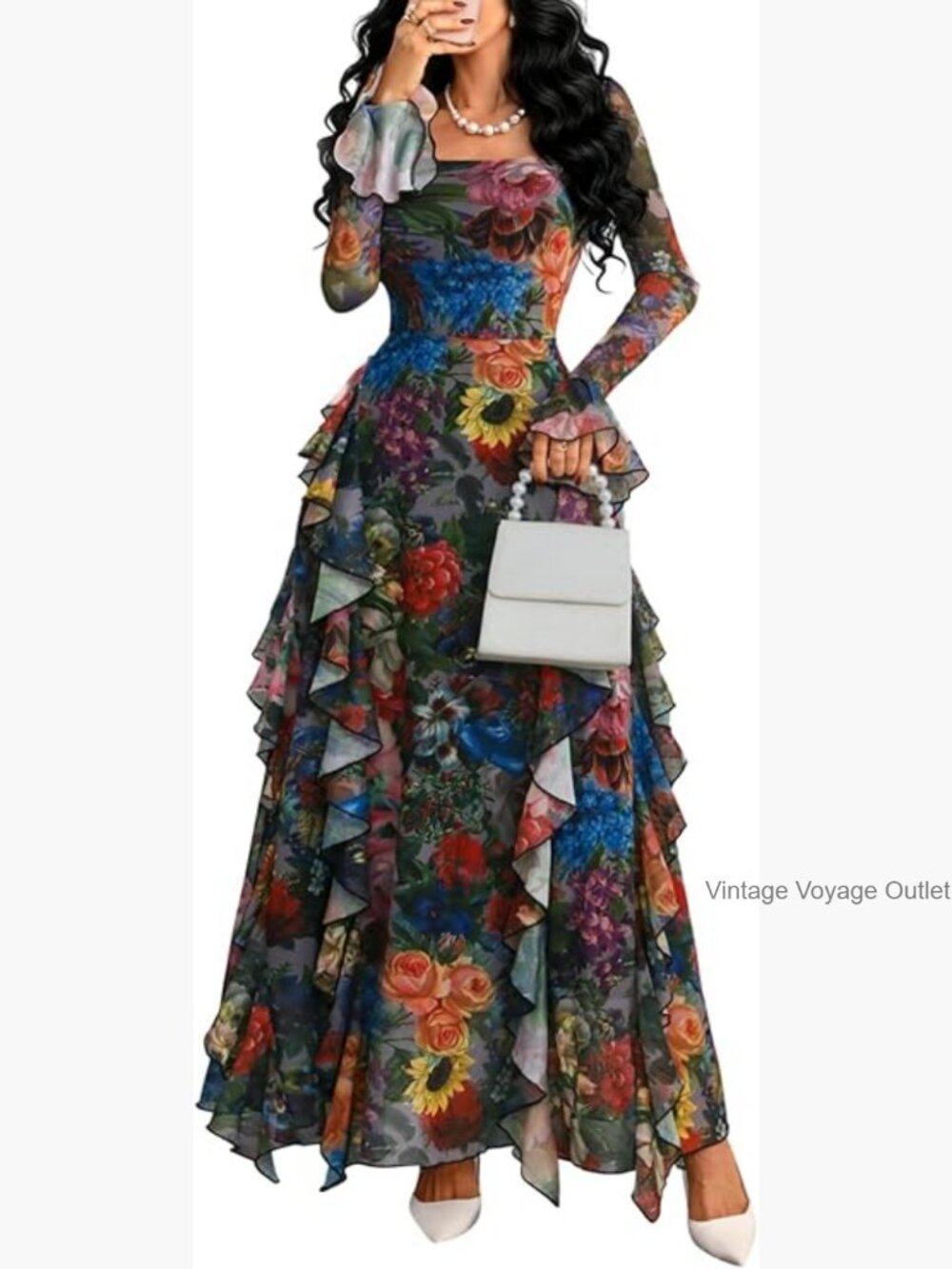 Square Neck Mesh Sheer Long Sleeve Ruffle Layered Midi Dress - Picture 1 of 7